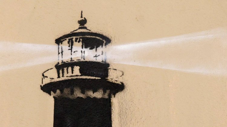 Banksy ‘I WANT TO BE WHAT YOU SAW IN ME’ lighthouse bollard in Marseille Vieux Port, Le Panier neighbourhood